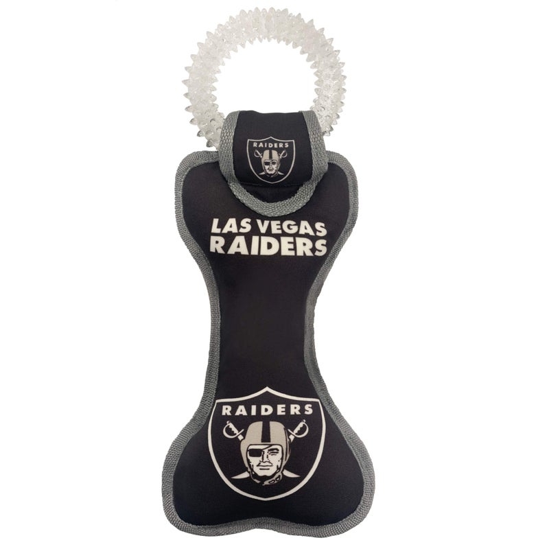 Pets First NFL Las Vegas Raiders Football Dental Tough Dog TUG Bone Toy with Built-in Squeaker Attached to a Safe Rubber Teething Toothbrush PET Toy, Team Color, (OAK-3310), 14 x 5 - Image 1